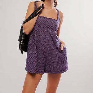 Free People • Chic Cotton Zip Billie Blue & Pink Checkered Sleeveless Romper 4